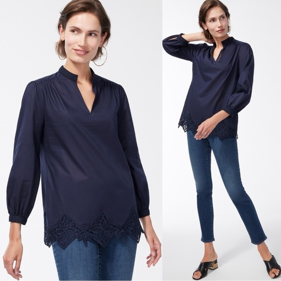 Chico's Elegant Blue Navy Women's Lace Trim Top Blouse Cotton Casual Career Sz 4 - Picture 2 of 16